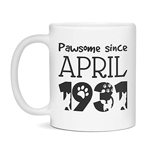 Pawsome Since April 1931 Taza de café de cerámica para cumpleaños para amantes de los perros, 11 onzas, color blanco
