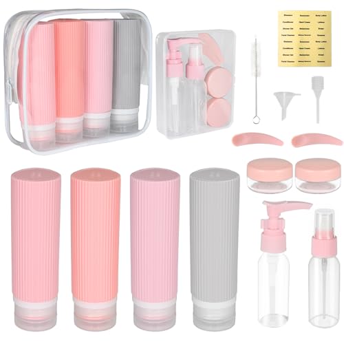 YoHyien 16 Piezas Botes Viaje Rellenables 100ml, Juego de Botellas Viaje Silicona, Envases para Viajar en Avion a Prueba de Fugas, Frascos sin BPA, Kit Higiene para Champu, Gel, Crema, y Loción