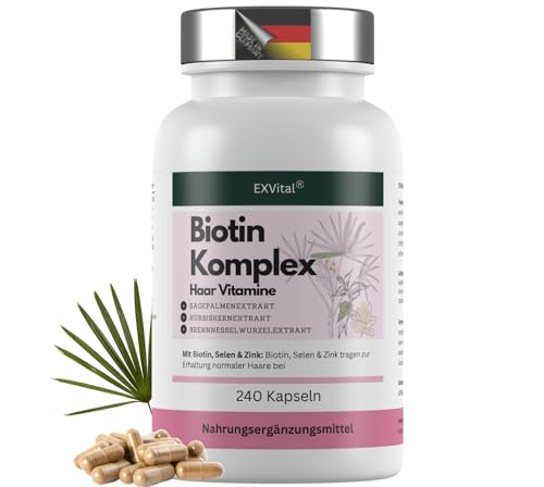 EXVital Biotin Komplex, Haar Vitamine, mit Sägepalmen-, Kürbis- und Brennnesselextrakt, 240 vegane Kapseln, angereichert mit Selen & Zink, laborgeprüft & hochdosiert
