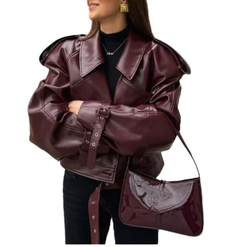 THLAI Womens PU Leather Jacket Long Sleeve Retro Collar Motorcycle Jacket Casual Coat