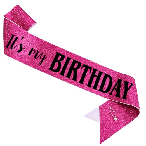 MUMUNN It's My Birthday Sash, Black Foil Letter Glitter Hot Pink Birthday Sash for Women Girl Kids Teenager Funny Bday Gifts Party Favors Photo Prop