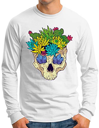 T-shirt cactus skull à manches longues pour homme en coton blanc OM3