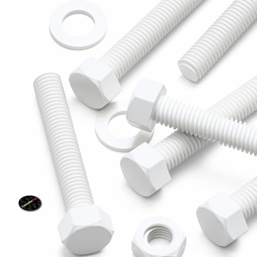 Image of 10x White Hexagon Head Polypropylene (PP) Plastic Nuts & Bolts, Washers, M10 x 60 mm, (25 /64 x 2-23 /64 in)