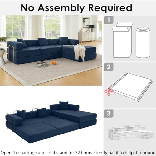 Image of HANXIN 108 Inch Convertible Sleeper Sofa Bed, Folding Floor Mattress Couch with Fixed-Shape Frame, Futon Boneless Couch Lounge Loveseat with Pull Out Bed, No Assembly Required (Blue)