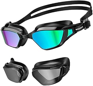 Swim Goggles, Comfortable Fit Interchangeable Lenses Swimming Goggles Anti Fog, Soft Silicone Skirt and UV Protection No Leaking Polarized Goggles for Adult Man and Women(4 lenses Include)