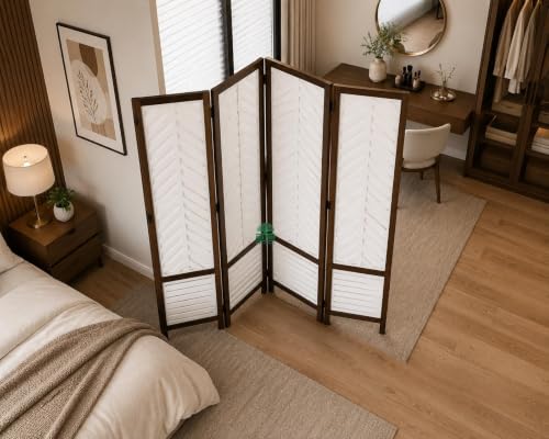 Image of Wooden Room Divider 6 Feet, 4-Panel Folding Wooden Partition for Living Room, Office, Pooja Room, Restaurant, Kitchen & Balcony (2W x 1.82H Meters). (Milky White Circle Pattern)