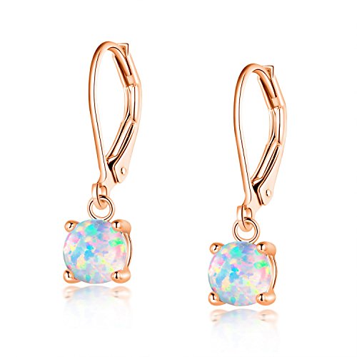 Leverback Earrings Dangle 18K Rose Gold Plated 6mm Round White Opal Birthstone Women