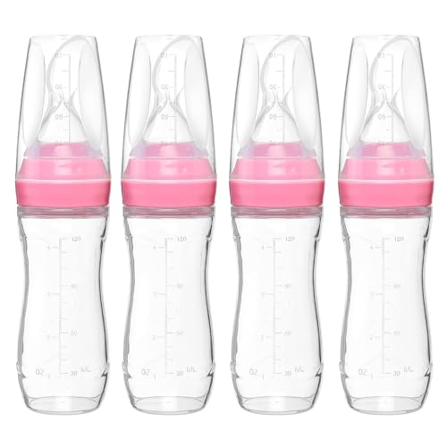 Image of Goji Baby - 4 oz Silicone Baby Food Dispensing Spoon - 4 Pack - Great for 4+ Month Infants - Includes Stopper - Easy to Use and Mess-Free - Precise Food-Release Feeder - Great for Travel (Pink