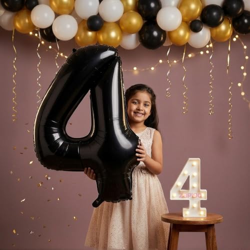 Image of Balloonistics Black 40-Inch Foil Number 4 Balloon with Matching LED Marquee Light - Combo Set for 4th Birthday, Anniversary, Party Decoration, Photo Booth Backdrop, Cake Table Decor