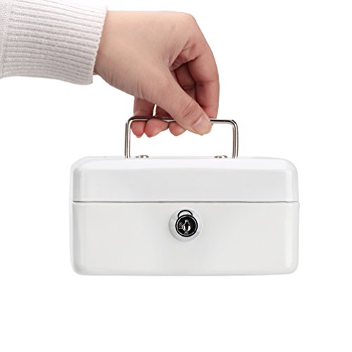 Cash Box with Money Tray, Parrency Small Money Box with Key Lock, 6\" x 4 4/5\" x 3\", White