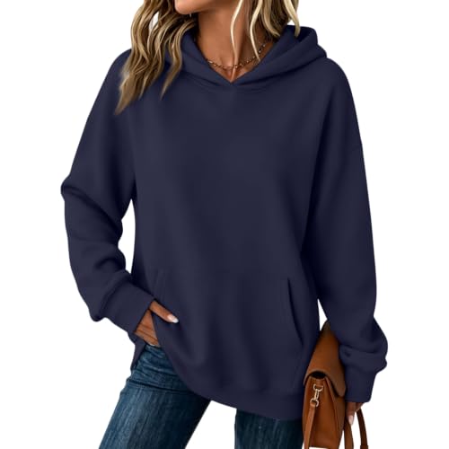 Image of Hoodies for Women UK Loose Fit Hooded Sweatshirt Solid Colour Navy S