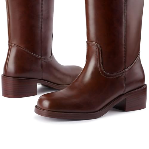 Image of Gothictor Women's Banana Knee High Boots Square Toe Chunky Block Heel Comfortable Low Heel Pull on Wide Calf Riding Long Boots for Women