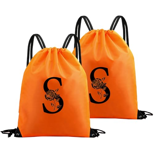 2Pcs Drawstring Backpack, Personalized Initial Design Gym Backpack for Women Men Drawstring Bags Water Resistant String Bag Track Bag for Yoga Traveling Outdoor Sports-Orange (Letter S)