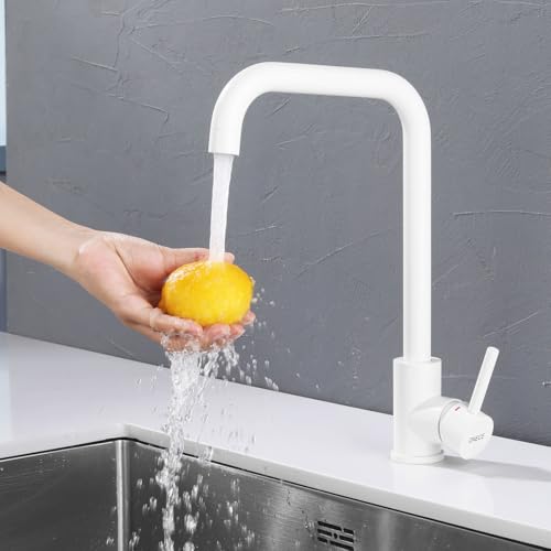 ONECE Küchenarmatur Weiss mit 360° drehbar Auslauf, Wasserhahn Küche Spültischarmatur mit Abnehmbar Bubbler, Edelstahl Armatur für Warm- und kaltwasserhahn, Weiß