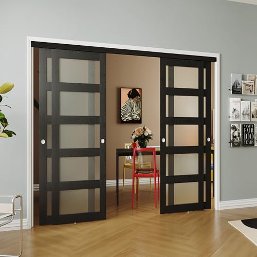 SOLRIG Double Sliding Closet Door, 96"(Double 48") x 80" 5-Lite Frosted Glass Sliding Doors with Hardware Track Kit & Floor Guide, Pre-Drilled Closet Doors Panels Need to Assemble, MDF, Black