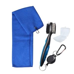 Golf Towels, Golf Towel and Brush Set, with Microfiber Waffle Design Golf Towel 16″ X 24″ with Hook and Loop Fastenerl and Retractable Zip-line Golf Club Brush (Blue)
