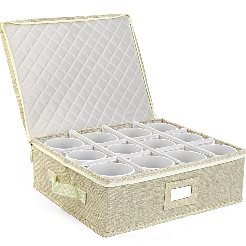 LotFancy Cup and Mug Storage Box, Hard Shell, China Coffee Mug Storage Container for Moving, Holds 12 Tea Cups, with Dividers & Handles, Beige
