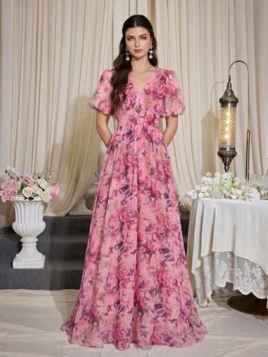 Image of TOLEEN Summer Casual Dresses for Women 2026 Spring Fashion Boho V Neck Long Sleeve Ruffle Floral Print Elegant Maxi Dress