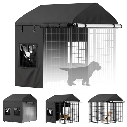 PawGiant Dog Kennel Cover Outdoor, Full Coverage Waterproof Tarp for 4x4x4.5ft Dog Crate with 600D Oxford Fabric, 4 Transparent Window & Door Curtains for Enclosure Outside, Small
