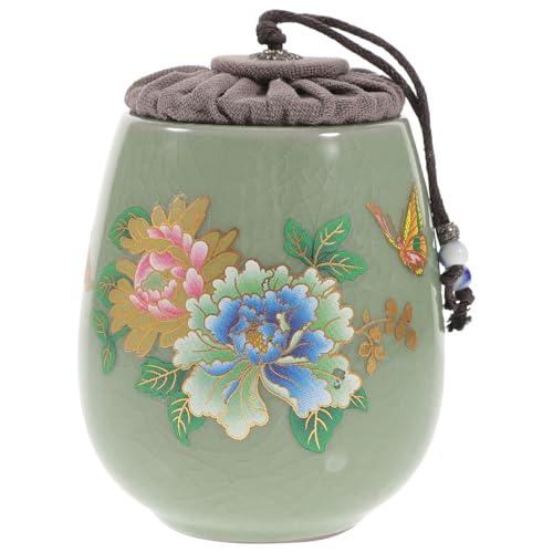 ROMISBABA 浅緑色復古裂?牡丹柄陶瓷茶葉密封缶 多用途保存容器 お茶密封缶 コーヒー豆 スパイス対応 インテリア収納兼用