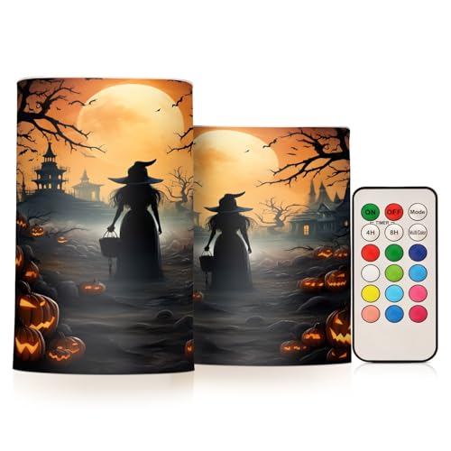 Image of ALAZA Halloween Pumpkins Witch Flickering Flameless Candles Battery Operated with Remote Timer,Tea Light Candles LED Pillar Votive Candles Set of 2 for Outdoor Indoor Decorations