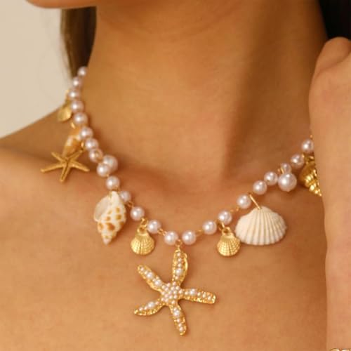 Charming Beachy Sea Shell Star Starfish Choker Necklace for Women, Dainty Boho Beaded Pearl Seashell Conch Necklaces Cute Beach Holiday Jewelry Accessories4
