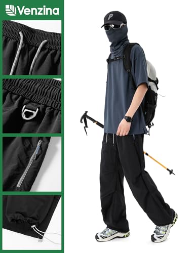 Image of Venzina Men's Parachute Cargo Trousers Lightweight Quick-Drying Hiking Pants Water Resistant Drawstring Cargo Pants for Camping, Fishing, Travel, Safari, M - XXL