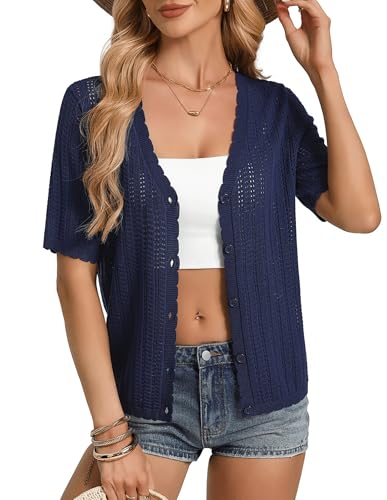 GRACE KARIN 2026 Crochet Cardigan for Women Lightweight Short Sleeve Shrugs Trendy Summer Vacation Outfits Navy Blue XL