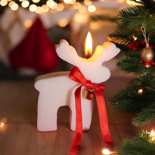 Image of Reindeer Shaped Christmas Candle, White Wax, Festive Holiday Decoration, Red Ribbon Bell Accent