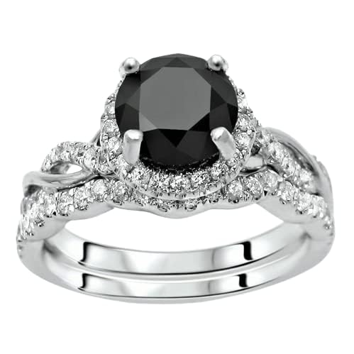 HEARTS AND YOU Bague de fiançailles pour femme sertie d'un diamant synthétique noir et oxyde de zirconium rond plaqué or blanc, Métal non précieux,...
