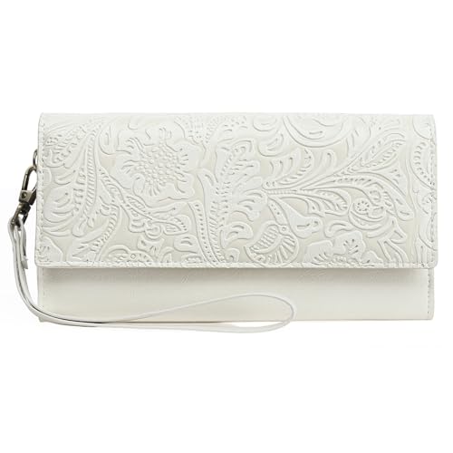 Image of GOIACII Women's Large RFID Blocking Purse Retro Leather Floral Embossed Ladies Wallet with Multiple Card Slots Wristlet White