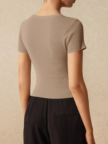Image of Imily Bela Womens Short Sleeve Sweater Tops Summer Button Down Casual Ribbed Knit Slim Fit Cropped Cardigan Shirts
