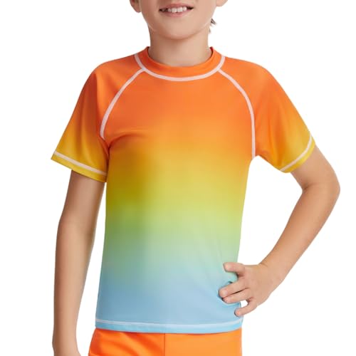 AMZSPORT Camiseta Proteccion Solar Niño Camiseta de Natación de Manga Corta de Secado Rápido, Naranja Degradado L