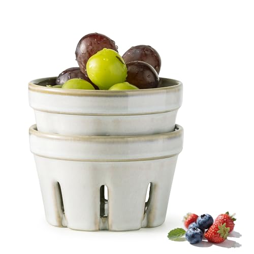 Gomakren Ceramic Berry Bowl Set of 2, Small Fruit Basket Colanders, White - image 1