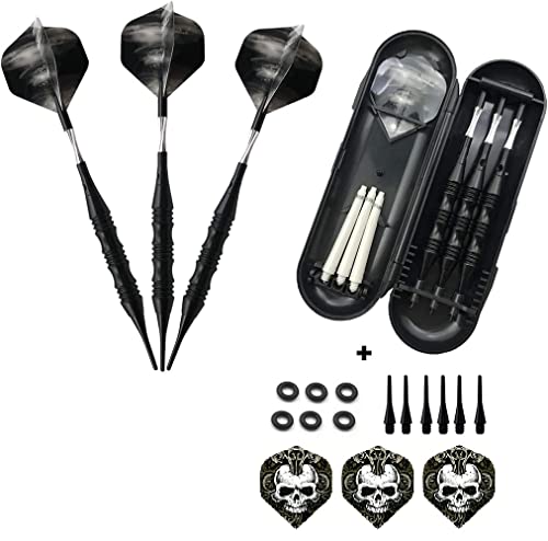 Exquisite 20g Soft Tip Darts Set-Carrying Hard Suitcase|3 Black Coated Iron Barrels|3 Aluminum Shaft | 3 Plastic Wings | Plastic Tip Darts for Electronic Dartboard (Black+3 Extra Skull Heads Flights)