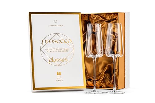 GLASSIQUE CADEAU Kristall Prosecco und Champagner Cocktail Gläser | 2er Set | Flöte Sektgläser mit Langem Stiel für Mimosa, Bellini, Hugo, Sekt | Elegante Proseccogläser