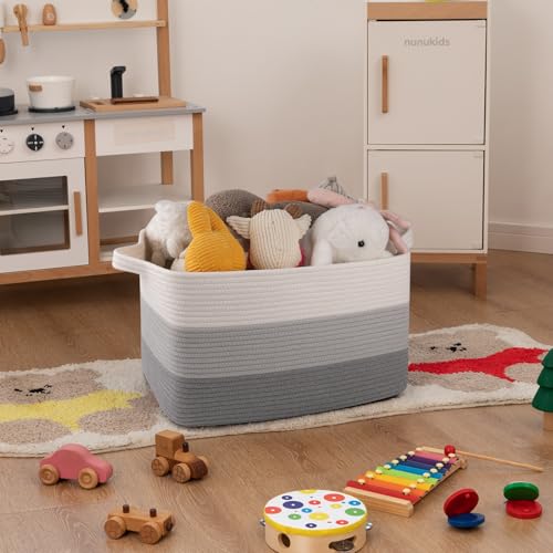 Image of OIAHOMY Cotton Rope Basket, Rectangle Woven Baskets for Storage, Nursery Blanket Storage Living Room, Toy Basket With Handle-17.7 inchx13.8 inchx11 inch-Gradient Grey