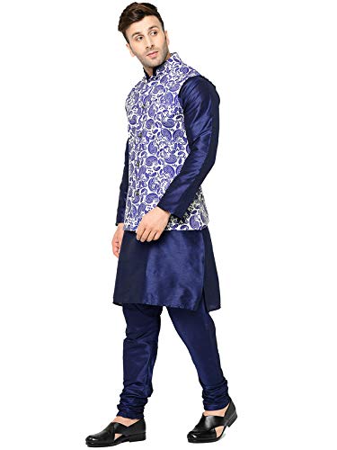 Image of SAIFOO Men's Silk Navy Blue Kurta Pyjama & Printed Nehru Jacket