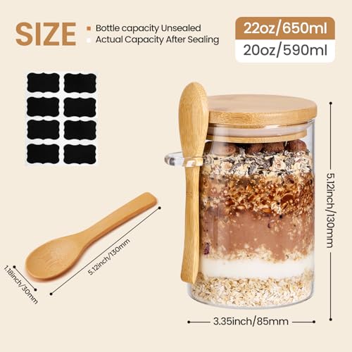 Image of 4 Pack Overnight Oats Containers with Bamboo Lids and Spoons - 22 oz Airtight Glass Jars with Lid, Meal Prep Jars for Chia Pudding, Yogurt, Salad, Cereal, Coffee, Flour | Food Storage Canister