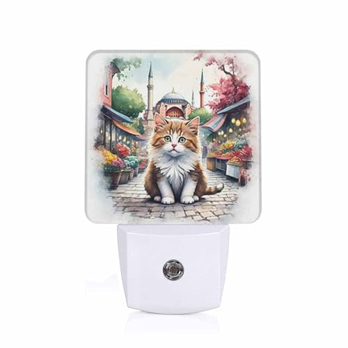 Image of LED Night Light,Cute Cat Greeting Cartoon Doodle Pink LED Night Light Plug into Wall with Dusk to Dawn Light Sensor White Energy Efficient Nightlight for Bedroom Hallway Living Room Kitchen