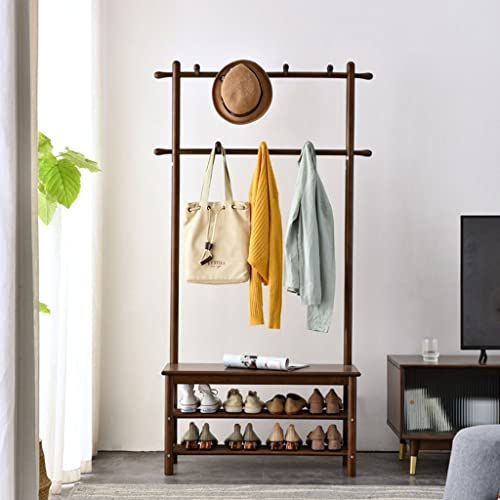 Folreorp 3-In-1 Hall Tree Entryway Coat Rack Solid Wood Freestanding Coat Rack With Shoe Bench And Shoes Organizer Shelves Coat Tree Stand For Bedroom Foyer Entryway Bench Hallway Living Room #TOP2
