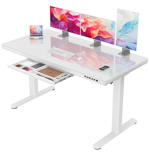 Homall Glas Höhenverstellbarer Schreibtisch, 140 x 70 cm Elektrischer Höhenverstellbarer Schreibtisch mit Schublade, Sitz- und Steh-Schreibtisch für Home Office, weiß