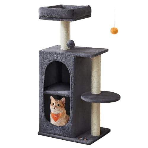 Feandrea Cat Tree, Small Cat Tower for Indoor Cats, Plush Cat Caves with Perch, Scratching Posts, for Small Spaces, Kittens, Dark Gray UPCT005G02 M (17.7"L x 13.8"W x 38.2"H) Dark Gray