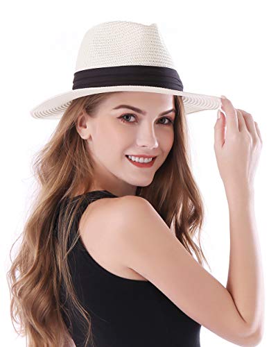 iHomey Women Panama Straw Sun Hat Foldable Wide Brim Fedora Sun Caps UV Protection Summer Beach Cap