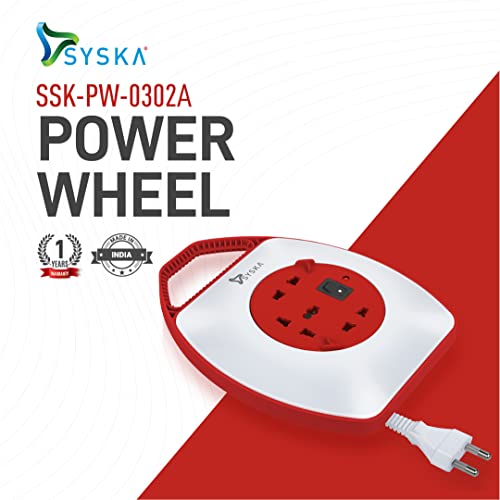 Image of SYSKA SSK-PW-0302A-WR Power Wheel with Surge Protection, Strong ABS Material Body, 4 Meter Long (White-Red)