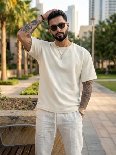Image of GRECIILOOKS Oversized T Shirt for Men |Summer T-Shirt for Man | Men's Textured Knit Tshirts Summer Casual Round Neck Tee - Lightweight Short Sleeve Streetwear Fashion Trendy Everyday Wear