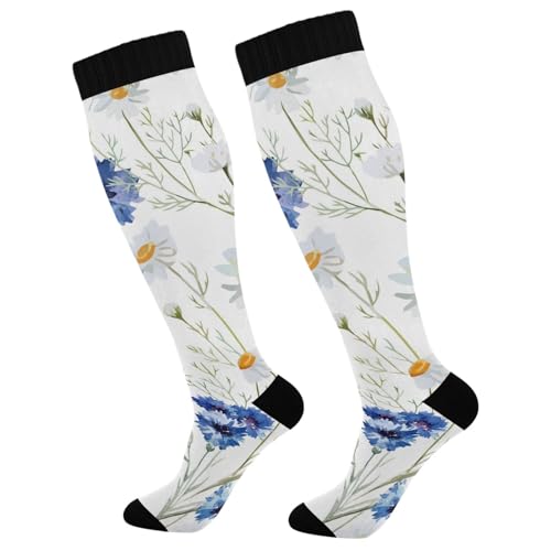 2 Pairs Unisex Compression Crew Knee Soft Circulation Socks High Sock Long Athletic for Running,Travel,Cycling Print Watercolor Cornflower Daisy White Blue Design