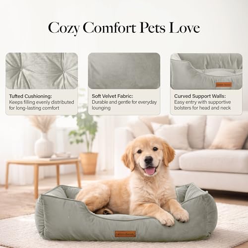 Image of Modern Threads Luxury Dog Bed - Comfortable Tufted Velvet Cushion for Small to Large Dogs - Machine Washable - Durable & Cute Sleep Space for Pets - Pamper Your Pet with Cozy Beds - Light Grey