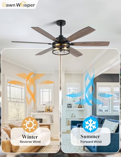 Image of 60 Inch Farmhouse Ceiling Fans with Lights Black Caged Rustic Industrial Chandelier Fans for Living Room Bedroom Quiet Reversible DC Motor 6 Speeds 6 Modern-Farmhouse Styles Dual-Finish Blade