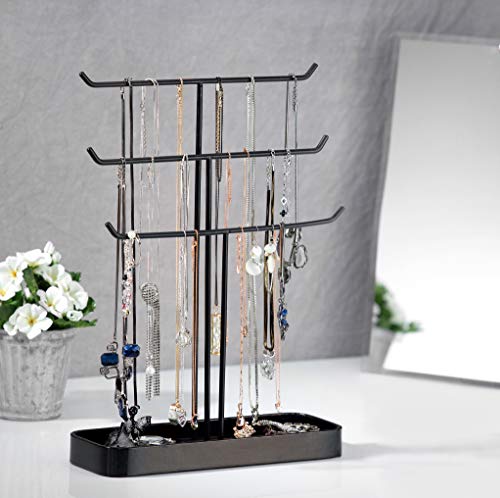 JackCubeDesign Metal 3 Tier Jewelry Display Stand Tree Organizer Necklace Holder Rack Hanger Accessory Tower with Earring Ring Tray Storage for Dresser, Vanity, Tabletop, Bedroom (Black) -MK320D - Thumbnail 5